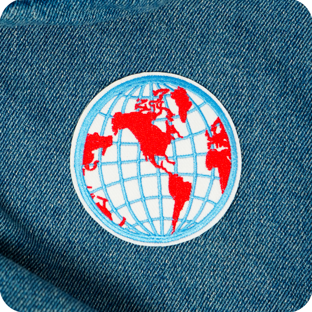 Red Earth Globe Latitude Longitude Wire On Patch (7 x 7cm)