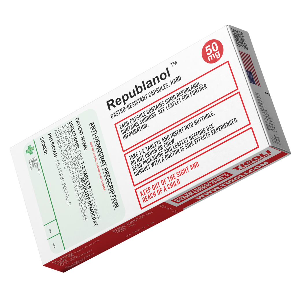 Anti-Democrat Pill Medication Box Realistic Prescription Joke Gag Funny + Free Prescription Bag