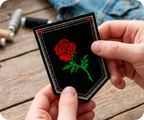 Red Rose Small On Stem & Black Shield Iron On Patch (9 x 7.6cm)