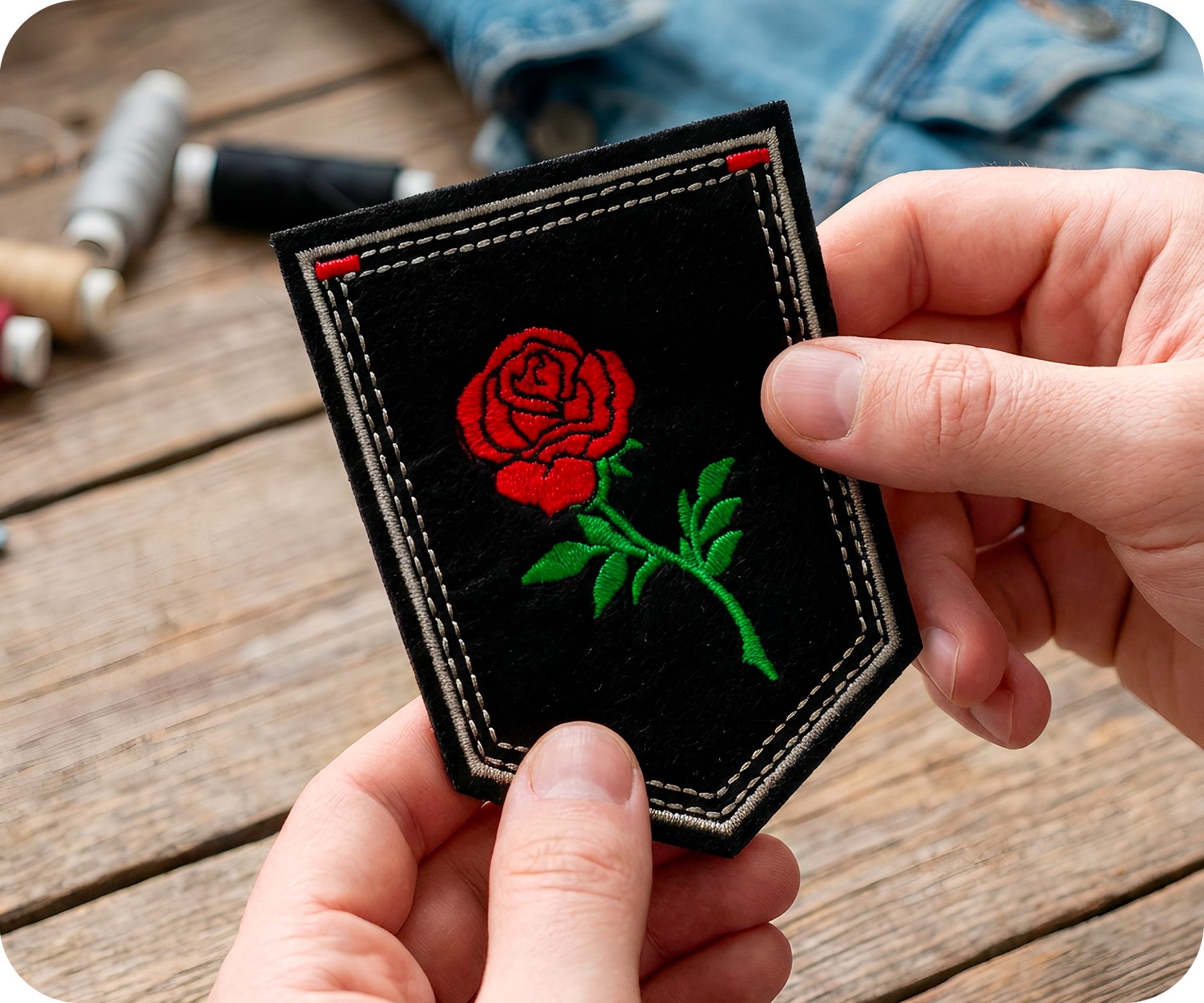Red Rose Small On Stem & Black Shield Iron On Patch (9 x 7.6cm)