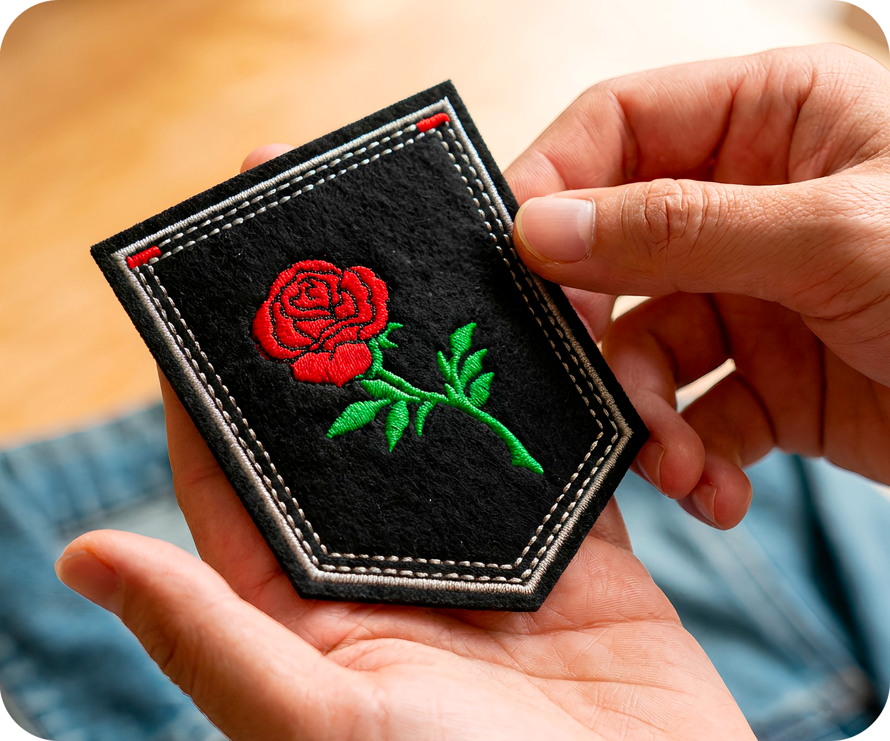 Parche termoadhesivo rosa roja pequeña en tallo y escudo negro (9 x 7.6 cm) Imagen secundaria del producto
