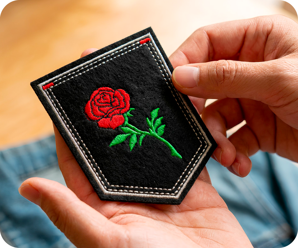 Red Rose Small On Stem & Black Shield Iron On Patch (9 x 7.6cm)