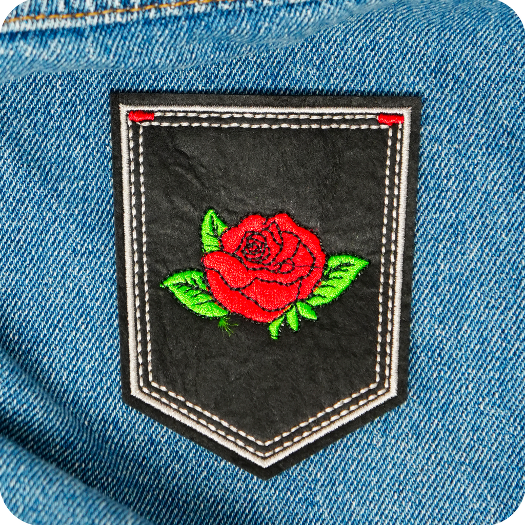 Red Rose Bud Flower Shield Black Iron On Patch (9 x 7.6cm)