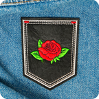Red Rose Bud Flower Shield Black Iron On Patch (9 x 7.6cm)