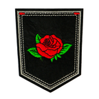 Red Rose Bud Flower Shield Black Iron On Patch (9 x 7.6cm)