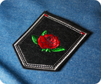 Red Rose Bud Flower Shield Black Iron On Patch (9 x 7.6cm)