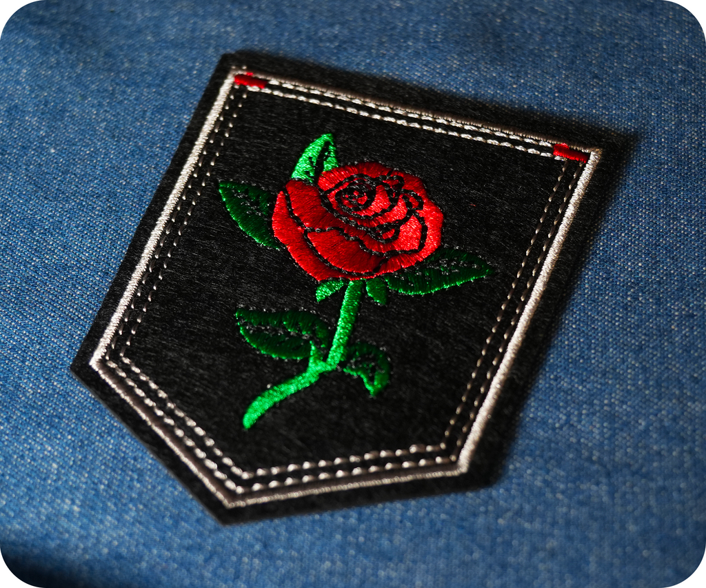 Red Rose Large On Stem & Black Shield Iron On Patch (9 x 7.6cm)