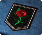 Red Rose Large On Stem & Black Shield Iron On Patch (9 x 7.6cm)