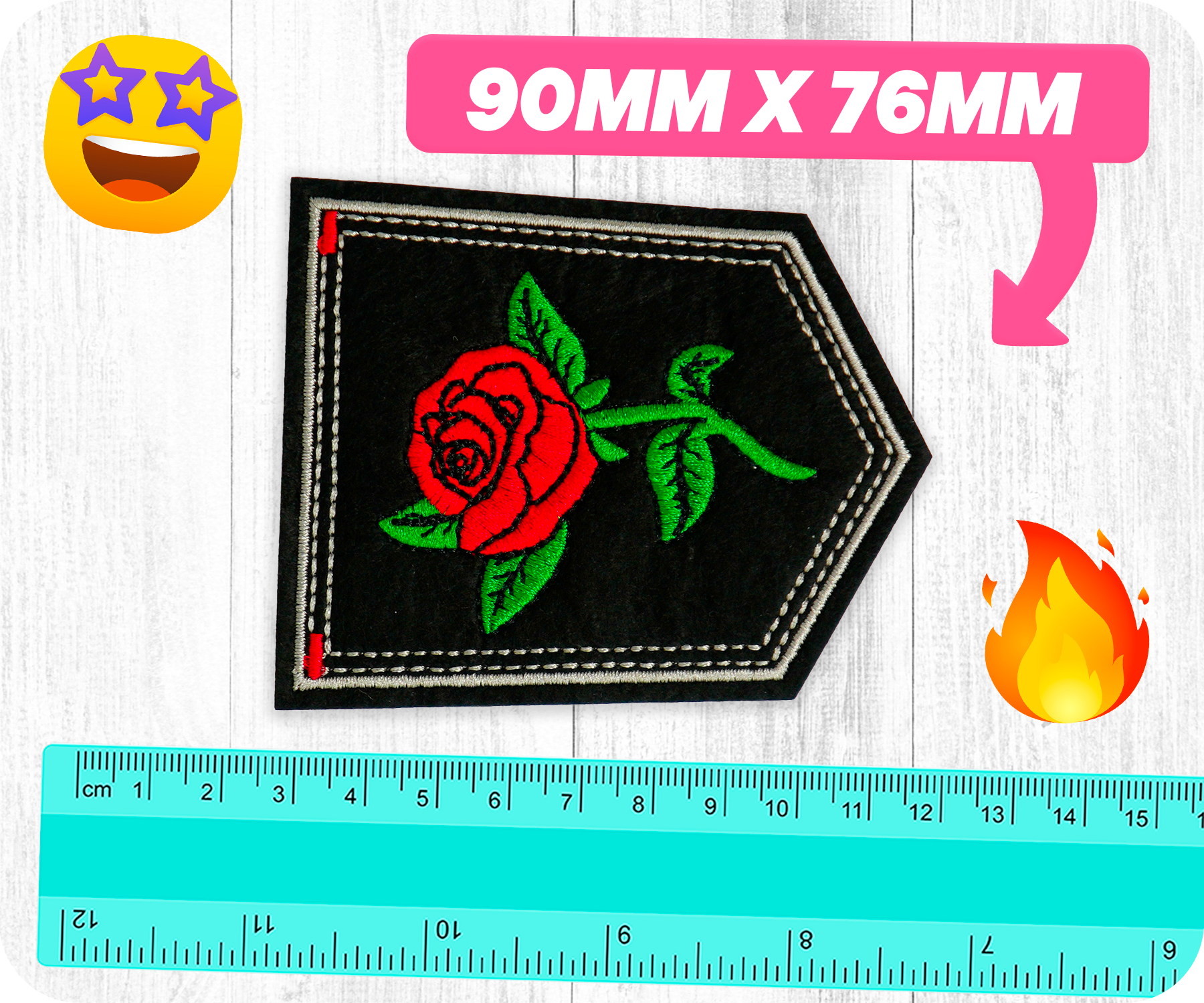 Red Rose Large On Stem & Black Shield Iron On Patch (9 x 7.6cm)