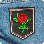 Red Rose Large On Stem & Black Shield Iron On Patch (9 x 7.6cm)