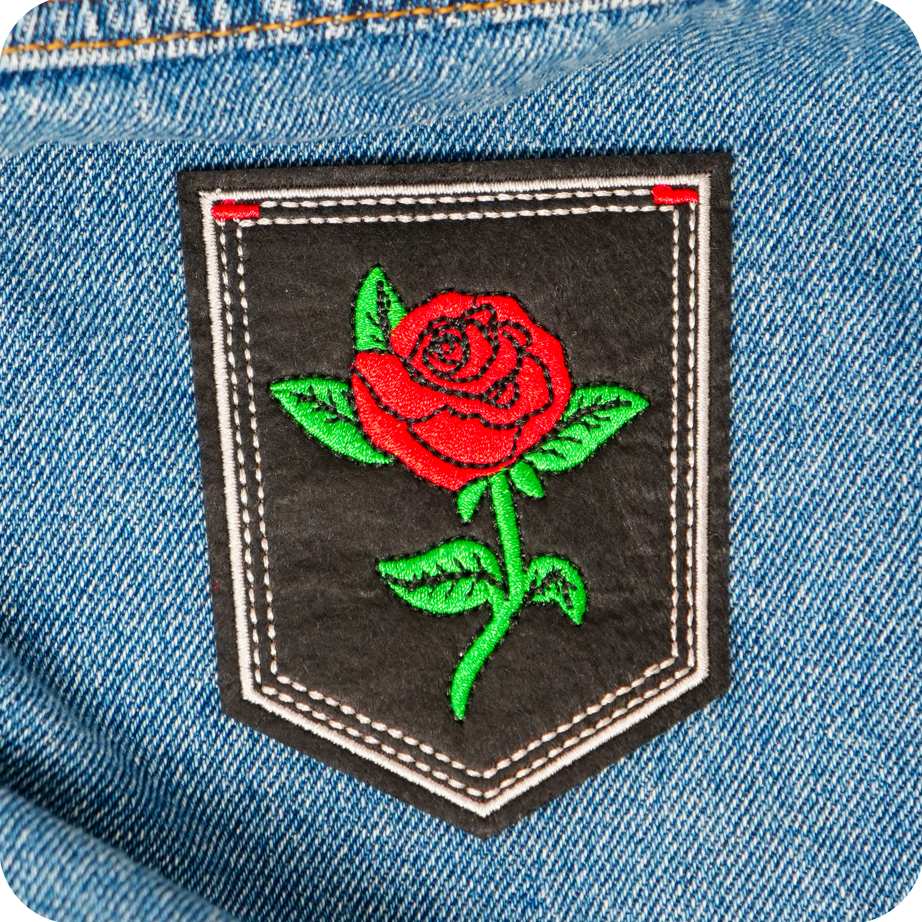 Red Rose Large On Stem & Black Shield Iron On Patch (9 x 7.6cm)