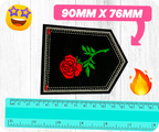Red Rose Small On Stem & Black Shield Iron On Patch (9 x 7.6cm)