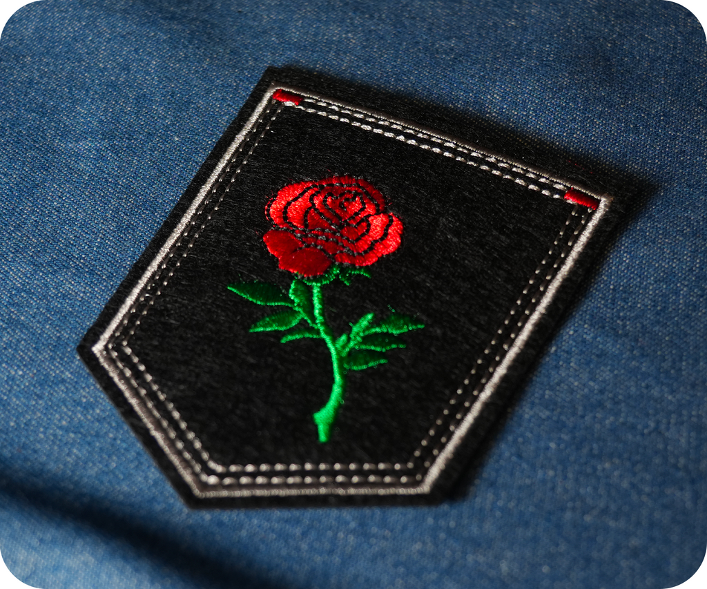 Red Rose Small On Stem & Black Shield Iron On Patch (9 x 7.6cm)