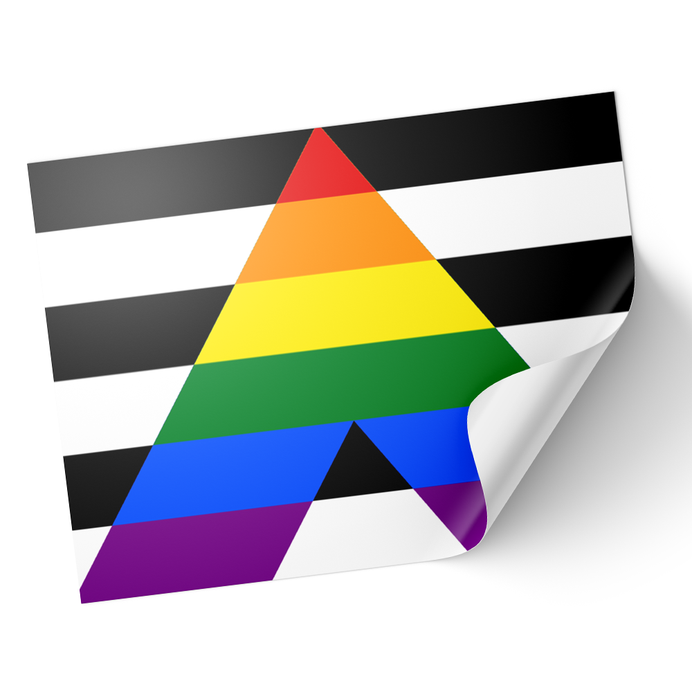A sticker with the Straight Ally Flag design, featuring a triangle with colors representing the LGBTQ+ community's rainbow flag on a white background with black stripes. © Tigoli® 2026 All Rights Reserved Panda Loco Ltd  Imagen principal del producto