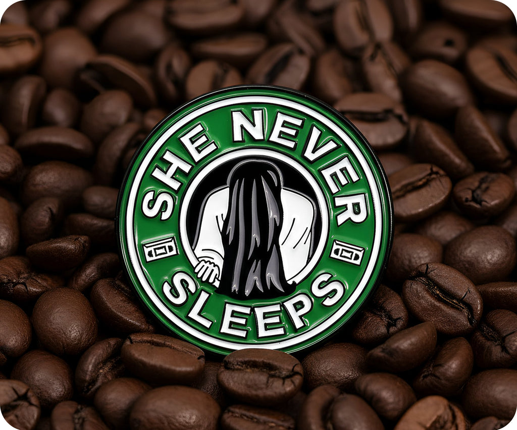 She Never Sleeps Coffee Horror Pin Badge