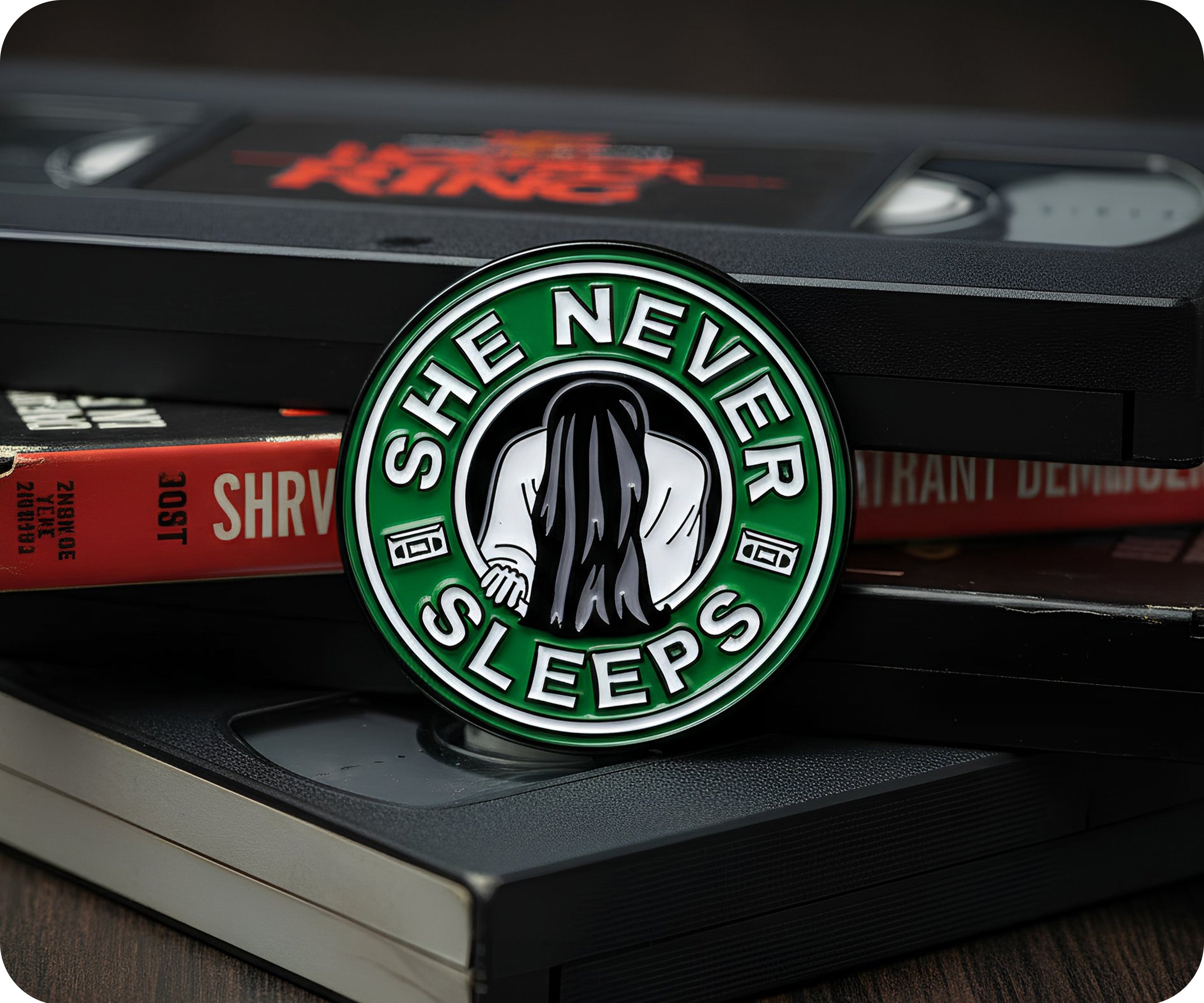 She Never Sleeps Coffee Horror Pin Badge
