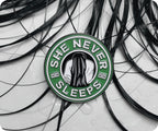 She Never Sleeps Coffee Horror Pin Badge