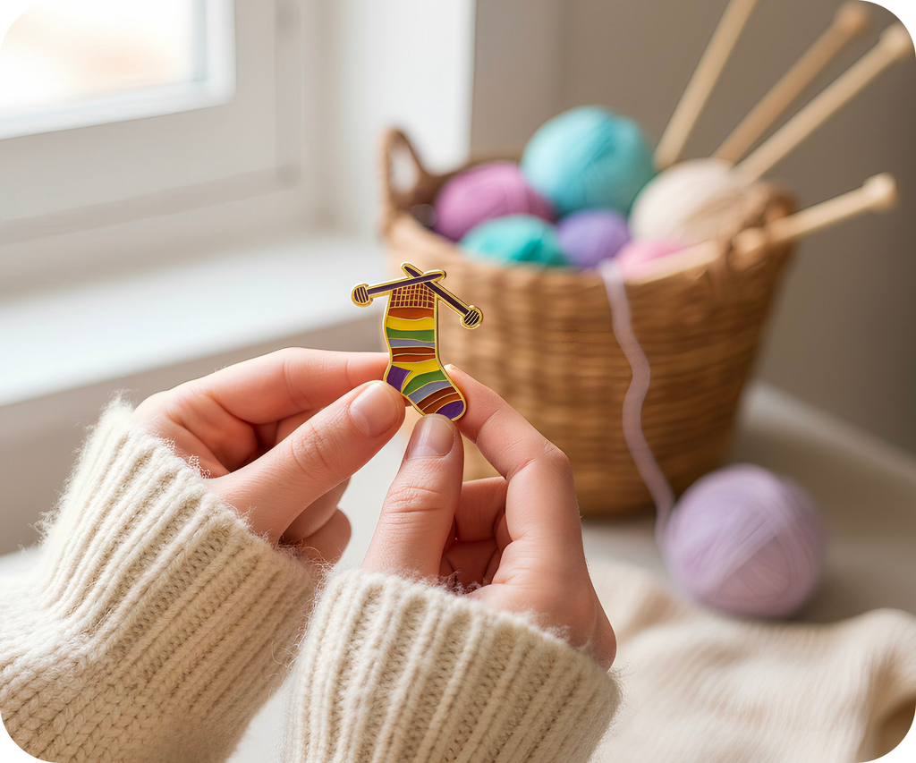 Rainbow Knitting Sock Pin Badge
