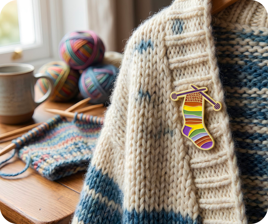 Rainbow Knitting Sock Pin Badge