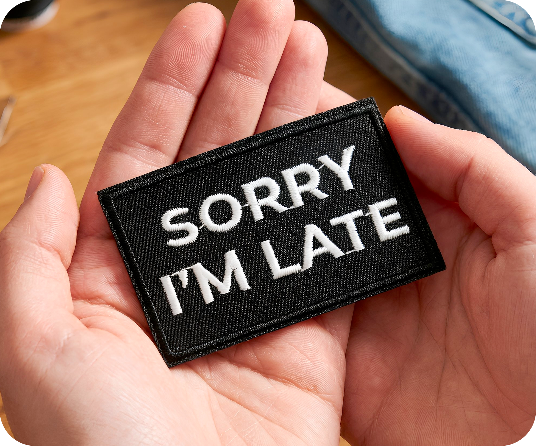 Sorry I'm Late Black Iron On Patch (7.8 x 5cm) Secondary image