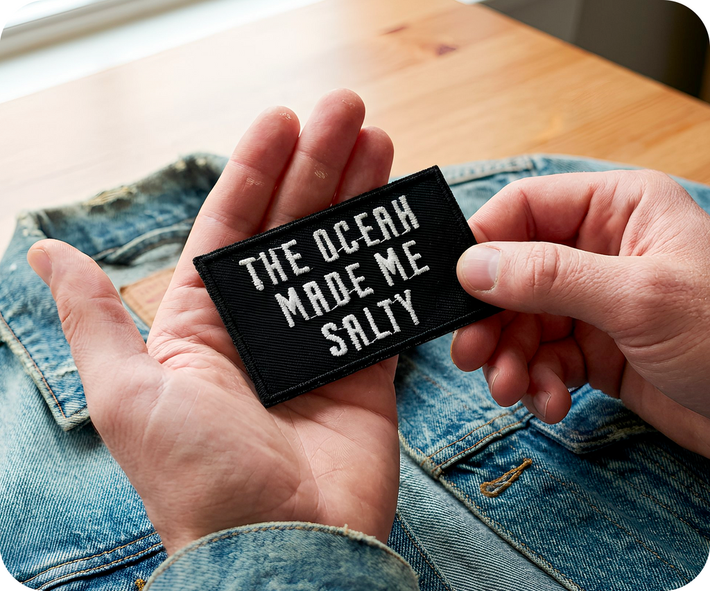 The Ocean Made Me Salty Black Iron On Patch (7.8 x 5cm)