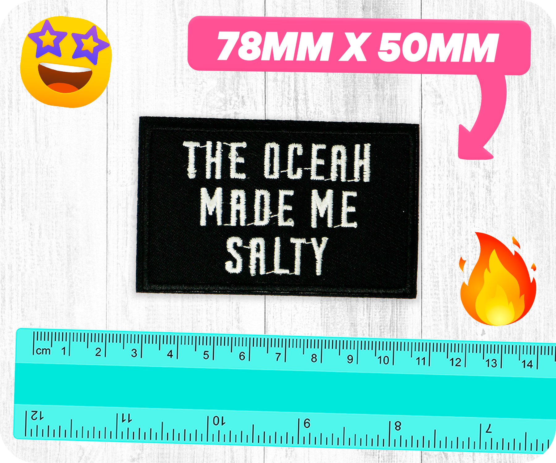 The Ocean Made Me Salty Black Iron On Patch (7.8 x 5cm)
