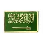 A rectangular pin badge featuring the flag of Saudi Arabia in green with gold text and a sword emblem.