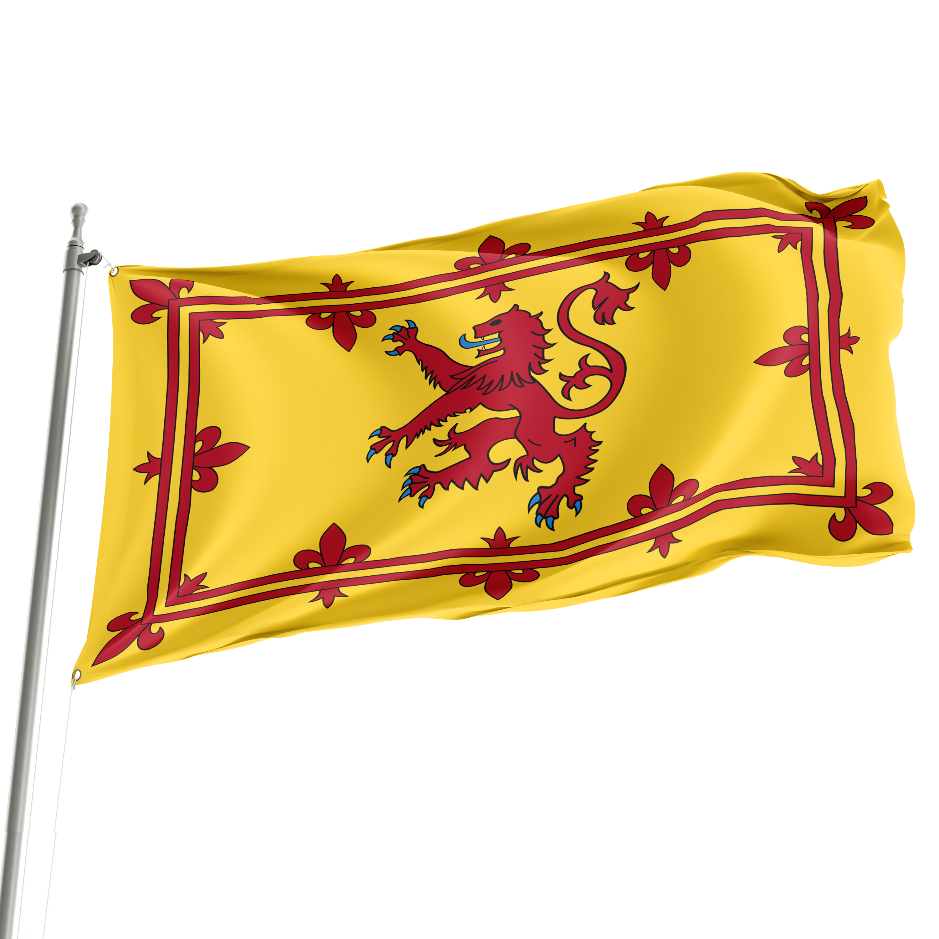 A yellow flag with a red lion and floral patterns, displayed on a flagpole. Imagen principal del producto