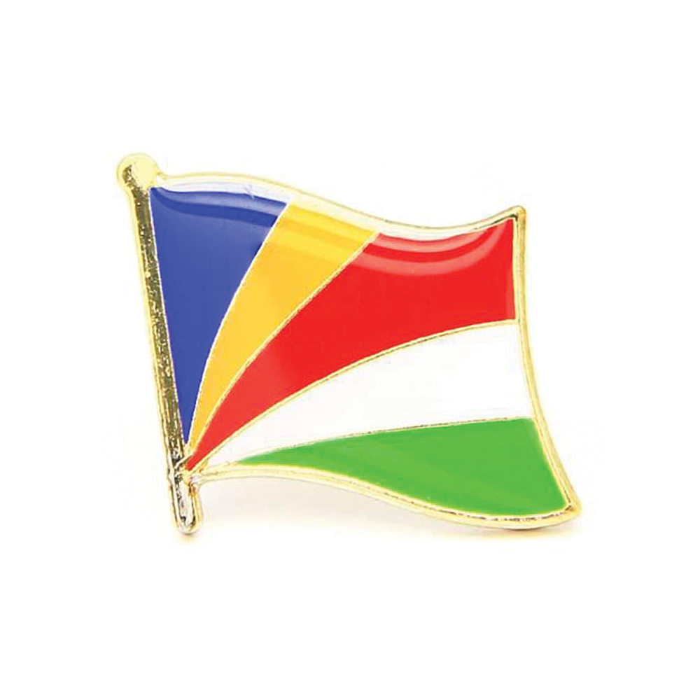 A pin badge featuring the flag of Seychelles, with blue, yellow, red, and green colors. © Tigoli® 2026 All Rights Reserved Panda Loco Ltd 