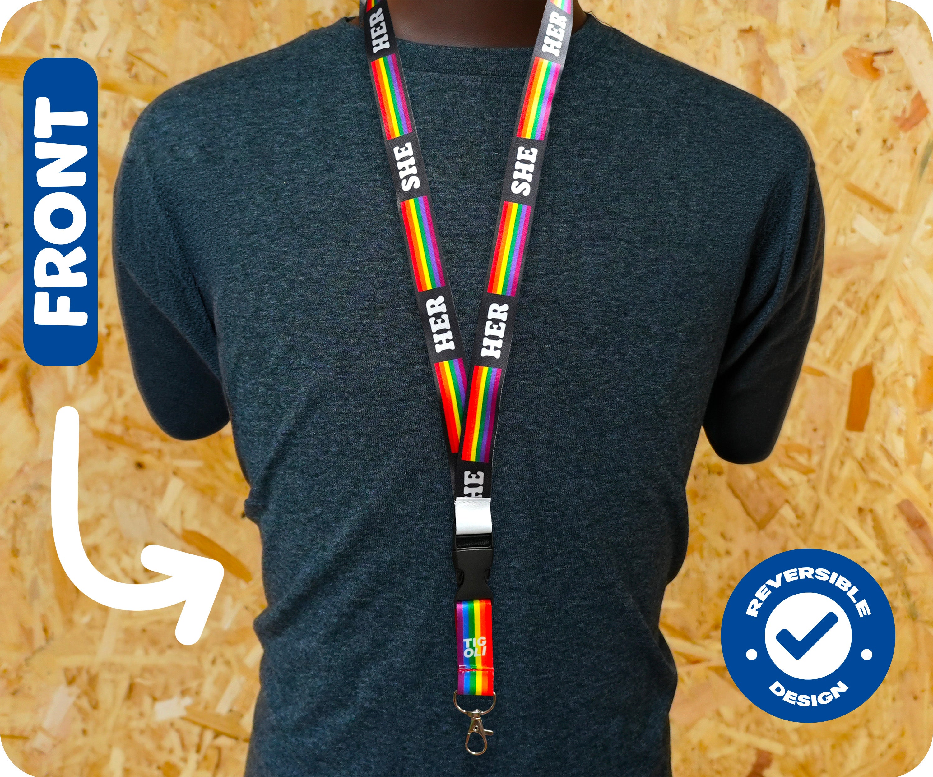She Her Pronoun Pride Lanyard with Rainbow Flag