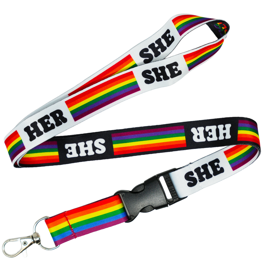 She Her Pronoun Pride Lanyard with Rainbow Flag