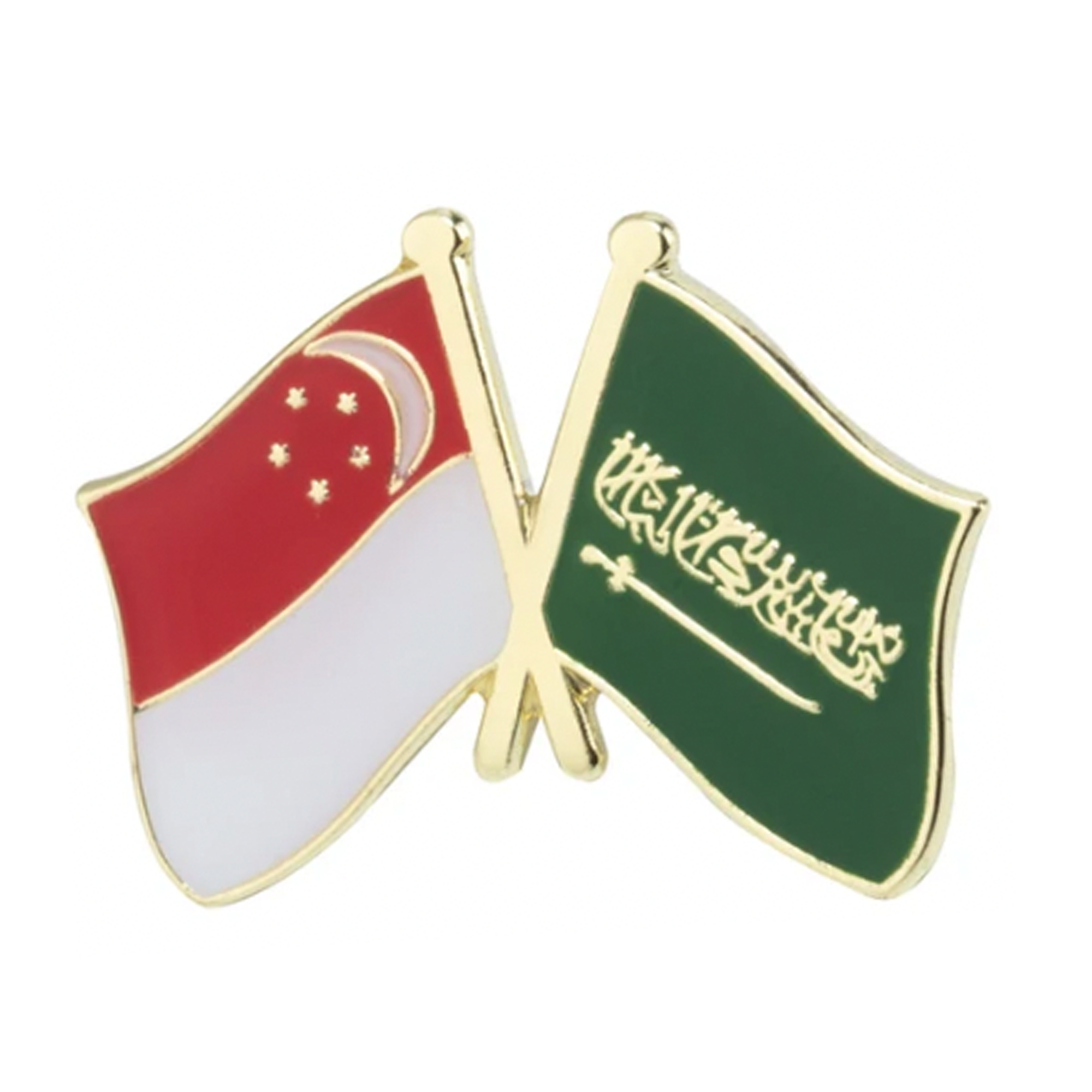 A pin badge featuring the national flags of Singapore and Saudi Arabia crossed together.