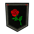 Red Rose Small On Stem & Black Shield Iron On Patch (9 x 7.6cm)