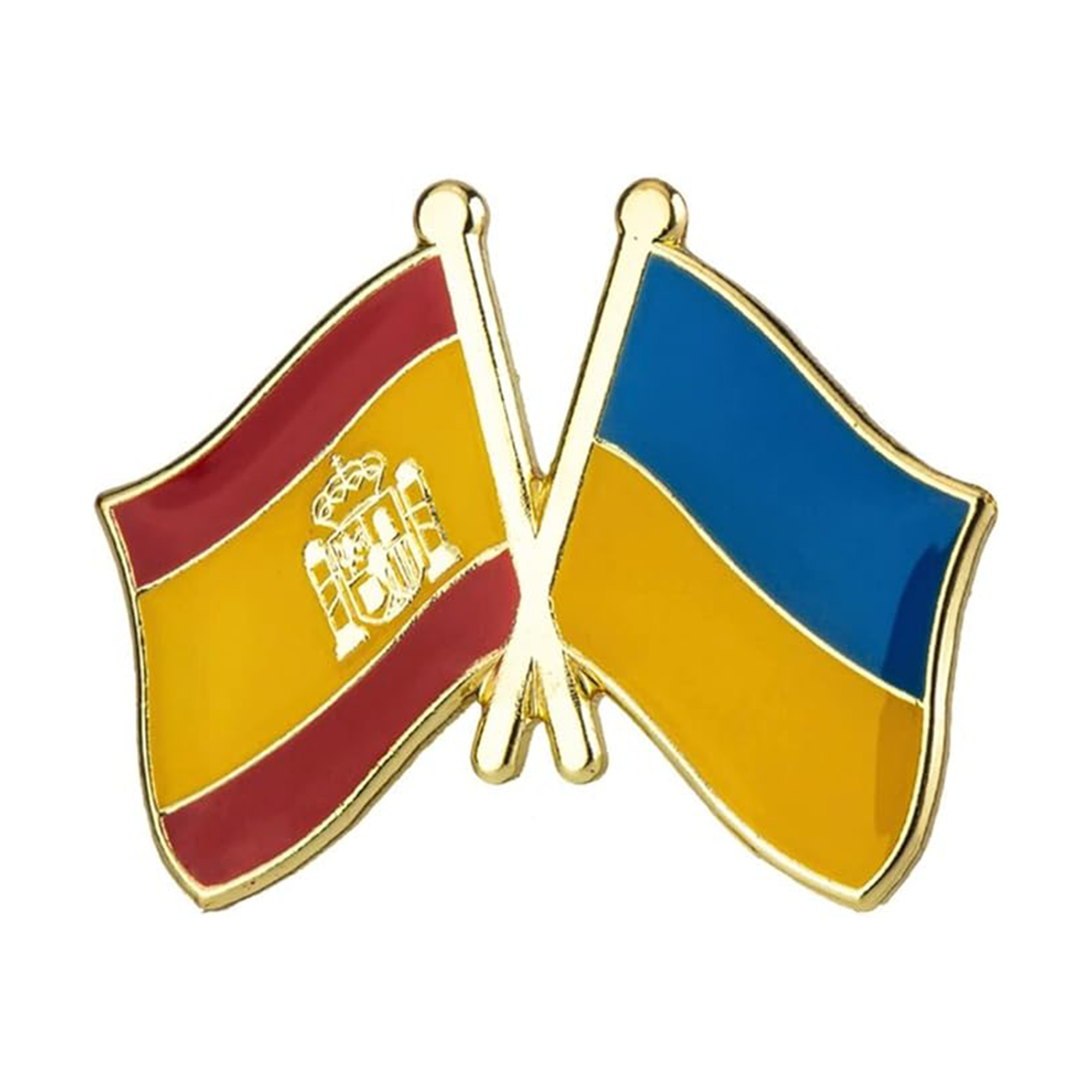 A pin badge featuring the flags of Spain and Ukraine with a yellow and blue color scheme, and a crown emblem on the Spanish flag.