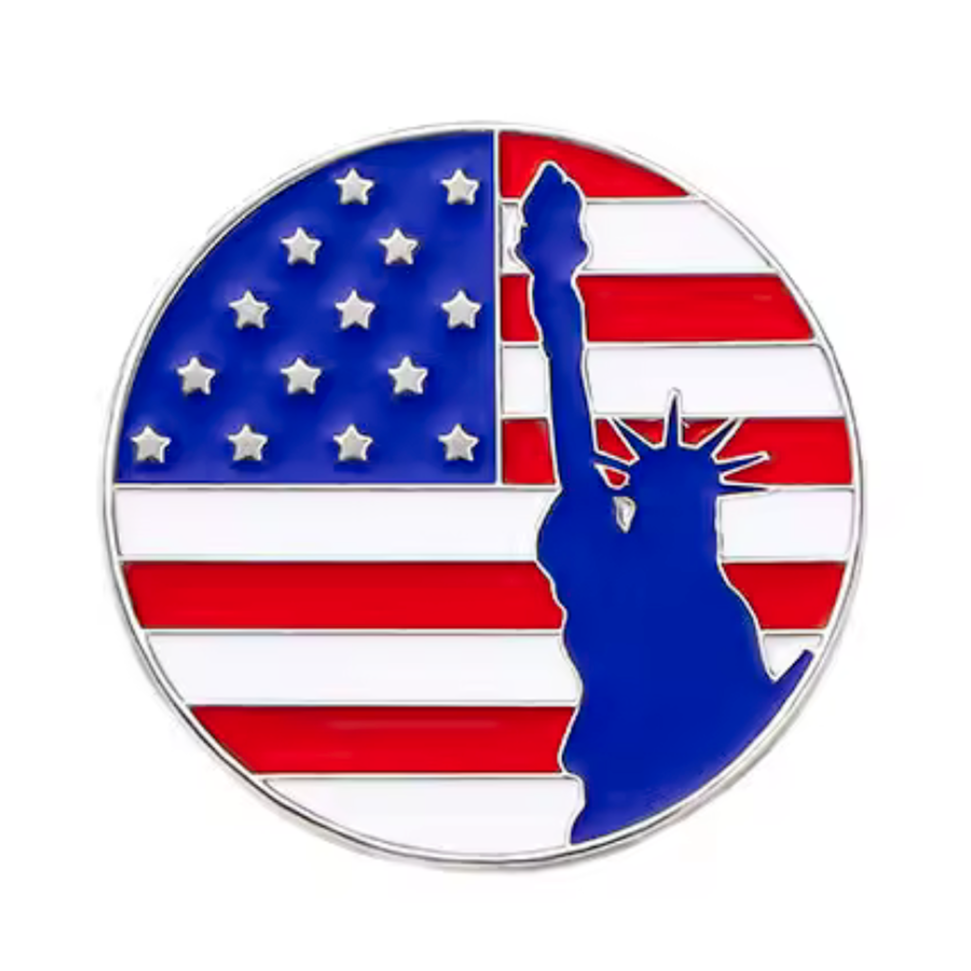 Insignia de alfiler redonda con la Estatua de la Libertad y la bandera de Estados Unidos Imagen principal del producto