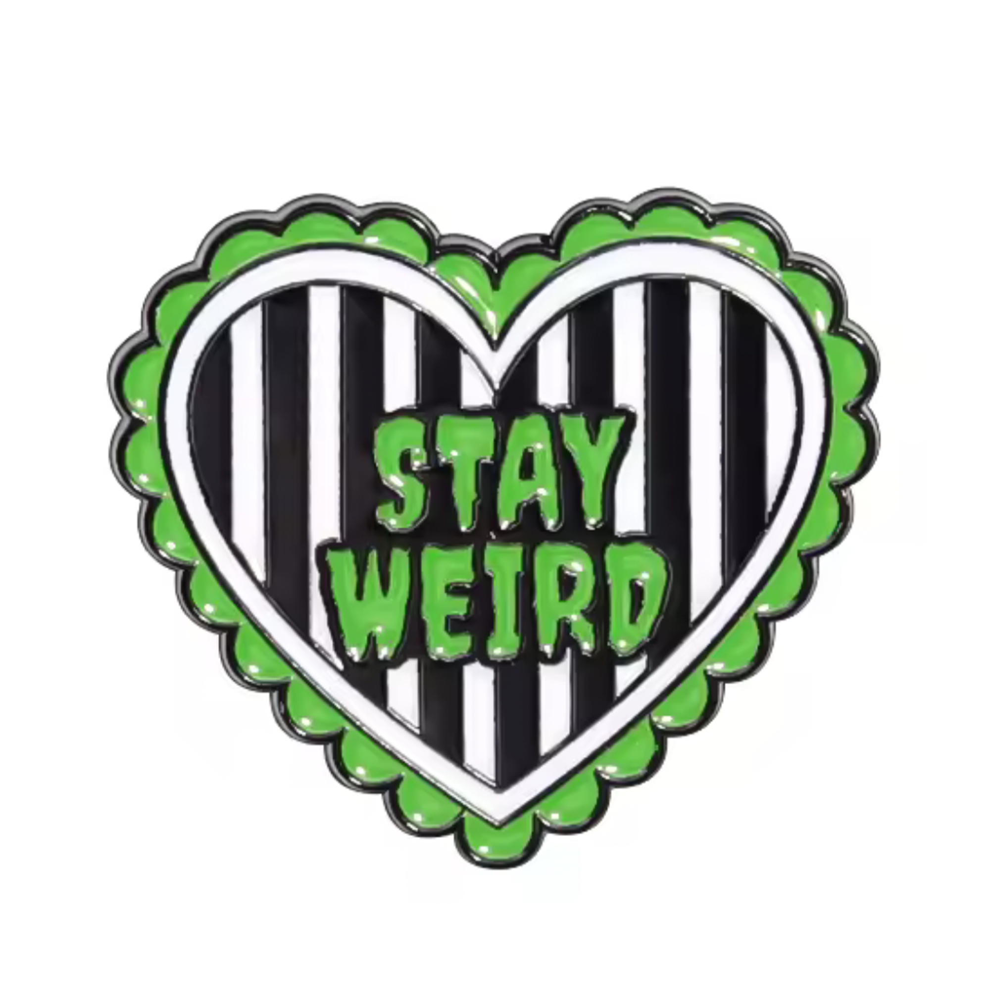 Insignia de pin de terror "Stay Weird" negro y verde Imagen principal del producto