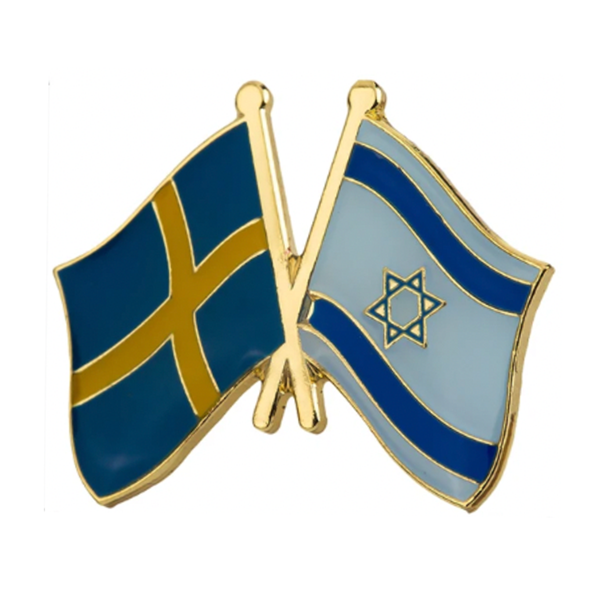A pin badge featuring the flags of Sweden and Israel in enamel colors with a gold-plated iron base and butterfly clutch backing. Imagen principal del producto