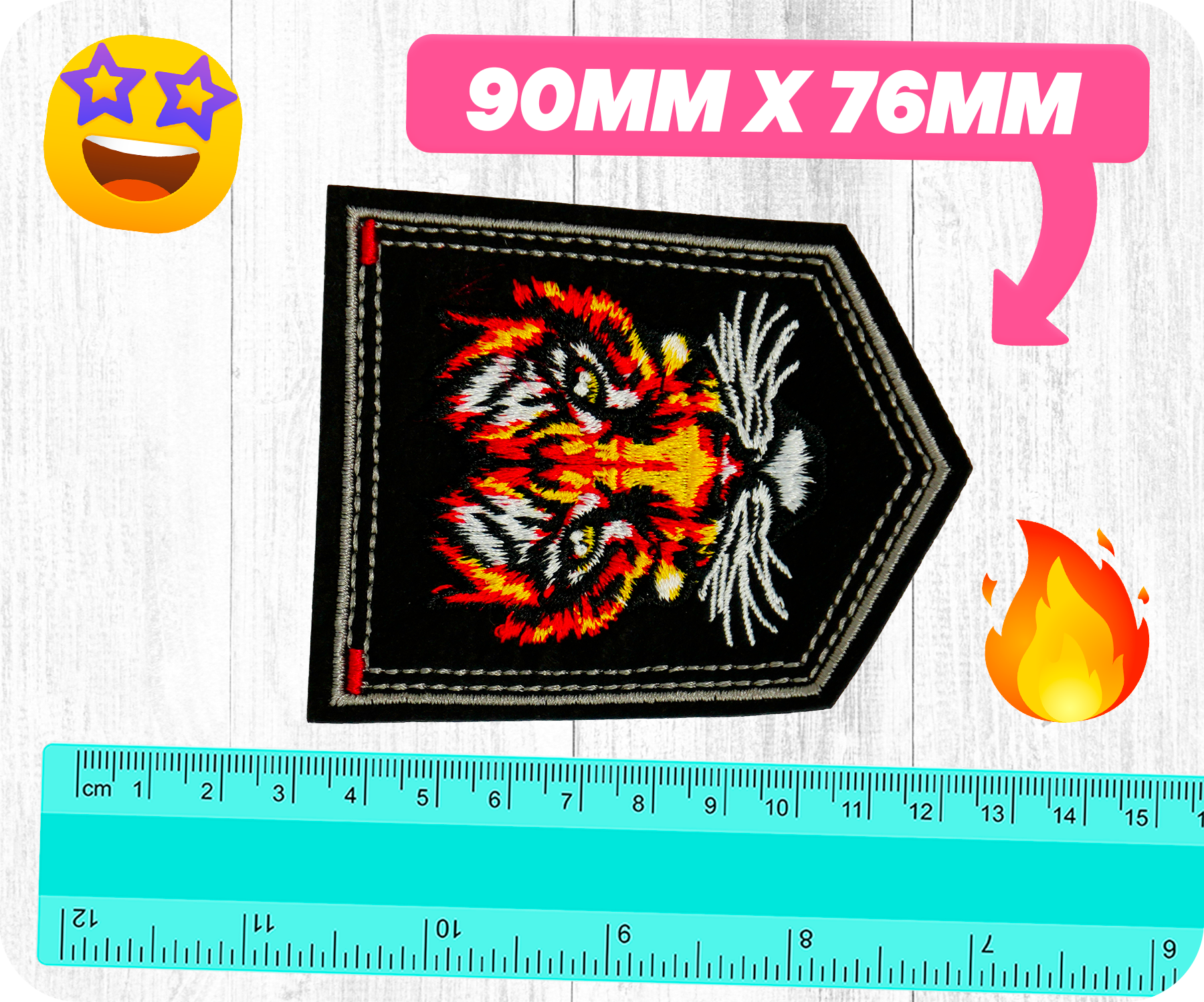 Tiger Face On Black Shield Iron On Patch (9 x 7.6cm)