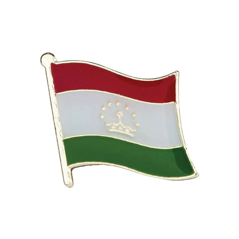A pin badge featuring the Tajikistan flag colors with a metal butterfly clutch. © Tigoli® 2026 All Rights Reserved Panda Loco Ltd 