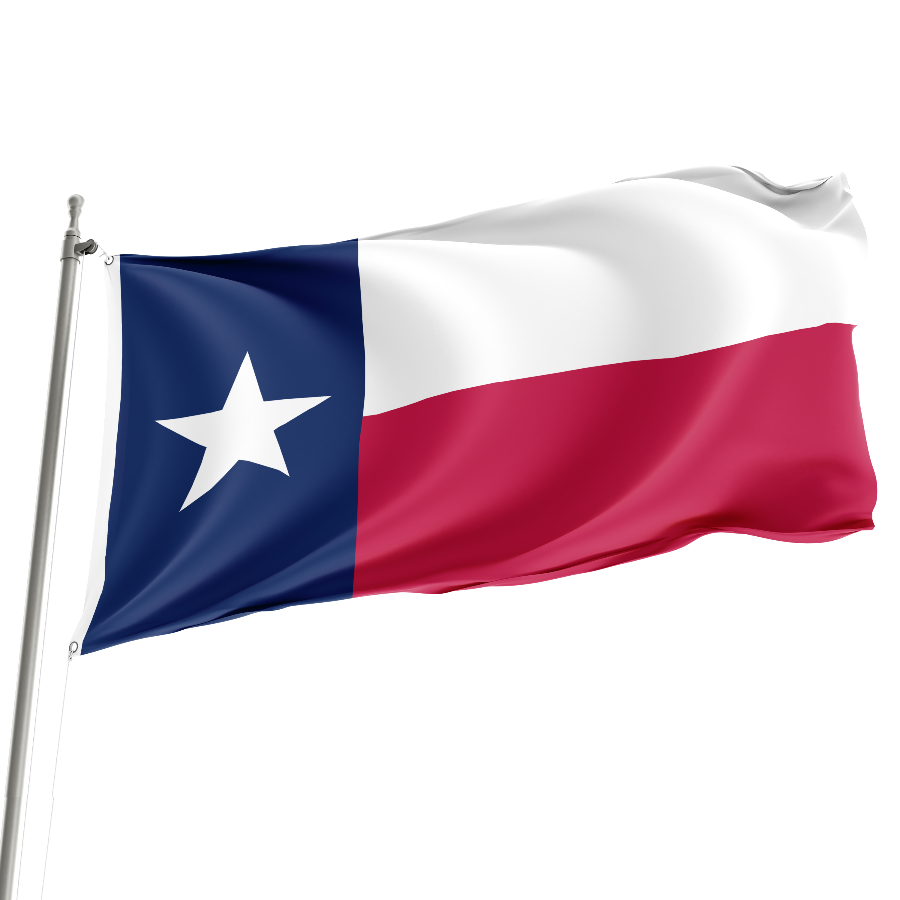 The image shows a 3' x 5' Texas flag with a white star on a blue background, a red canton, and two brass metal grommets. Imagen principal del producto