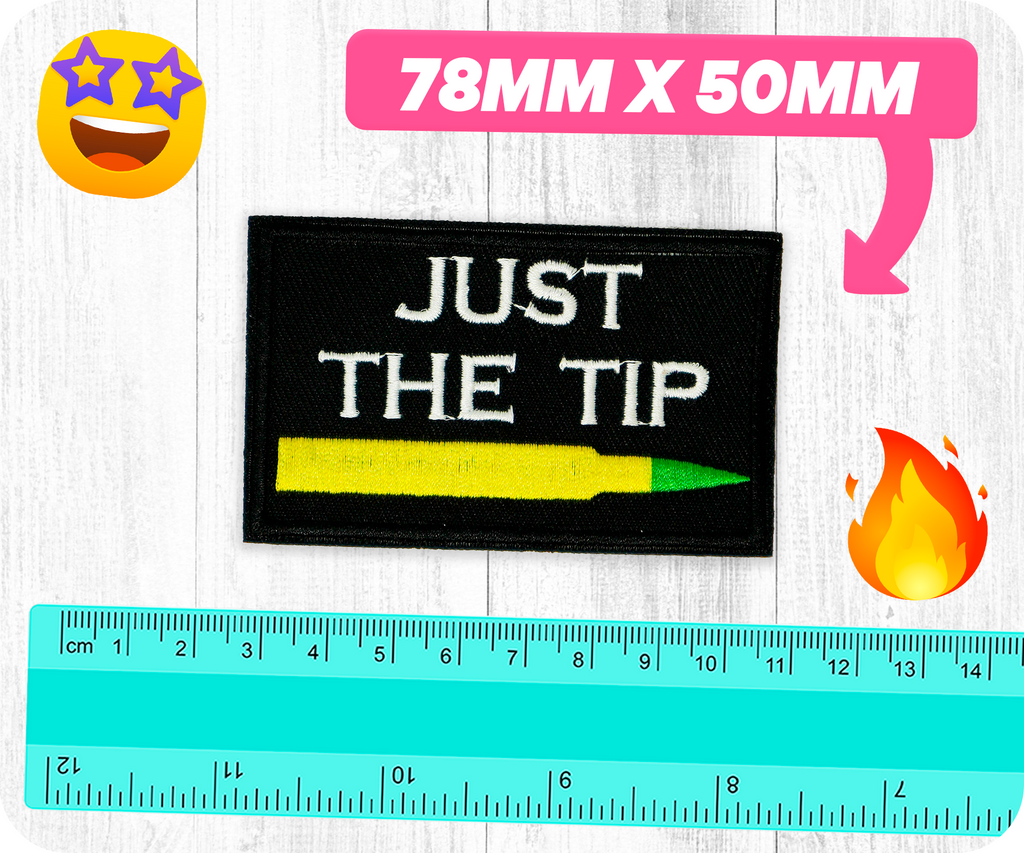 Just The Tip Bullet Funny Black Iron On Patch (7.8 x 5cm)