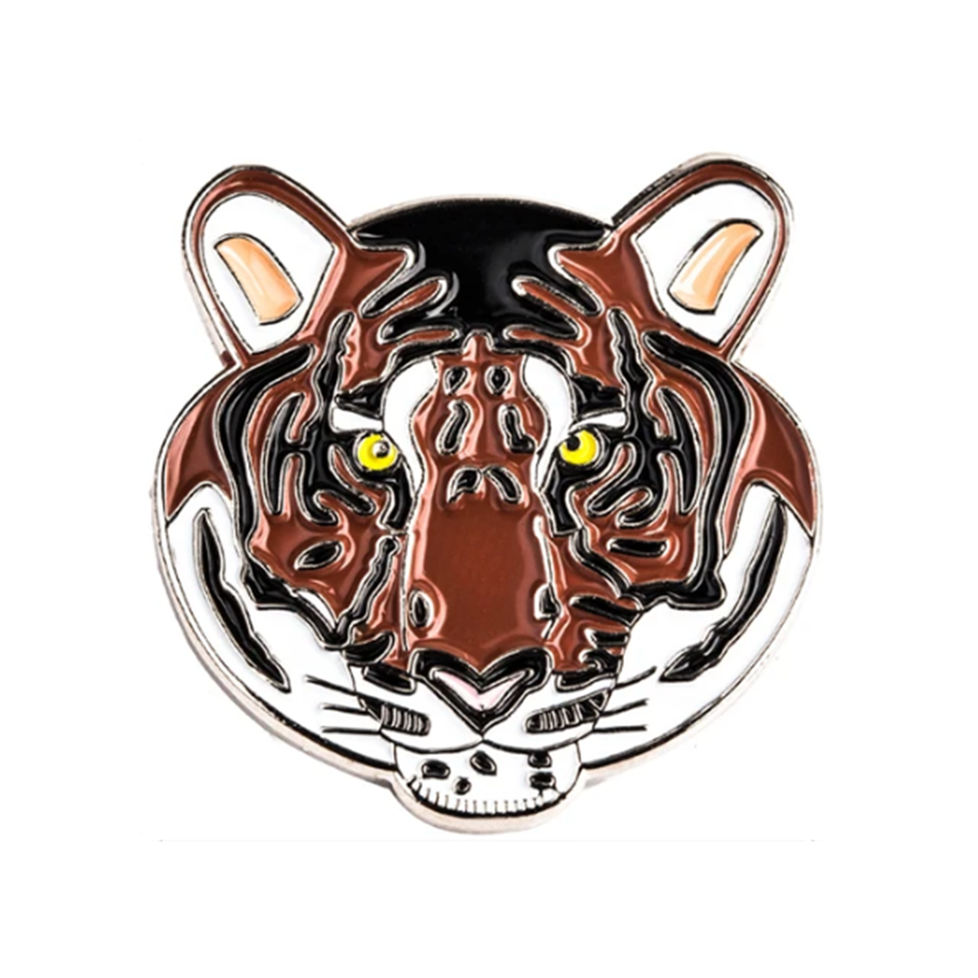 A pin badge depicting a brass plated iron tiger with hard enamel finish. Imagen principal del producto