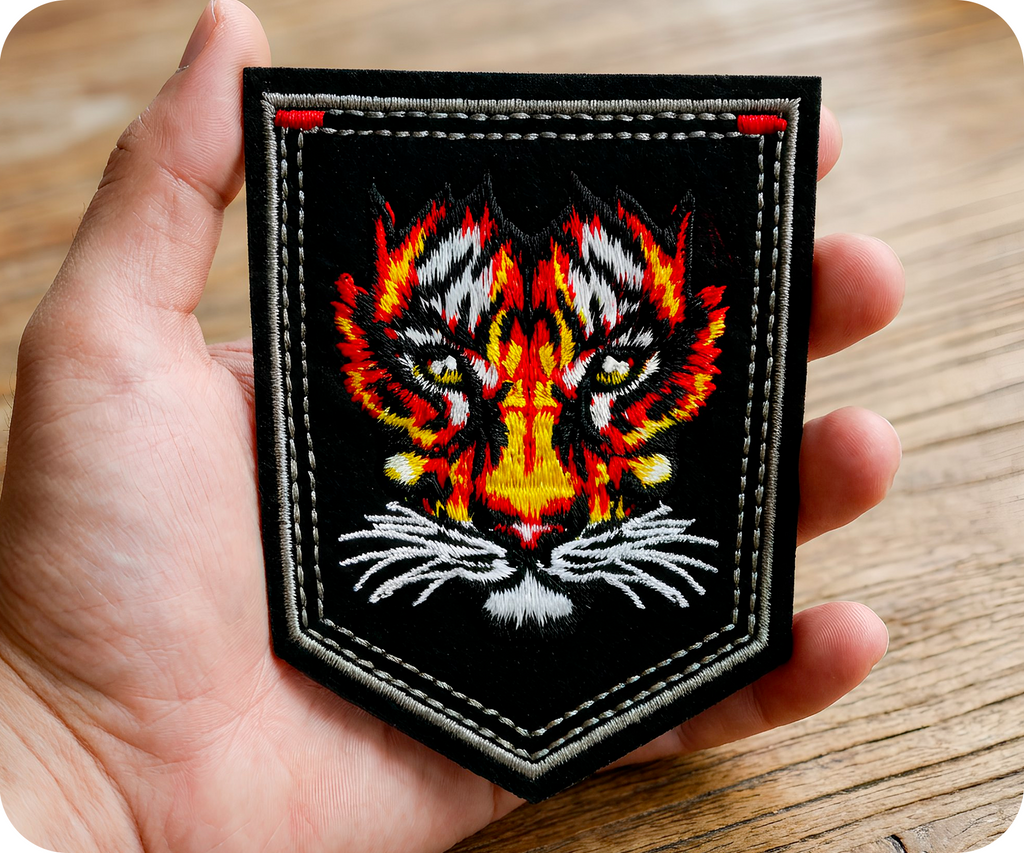 Tiger Face On Black Shield Iron On Patch (9 x 7.6cm)
