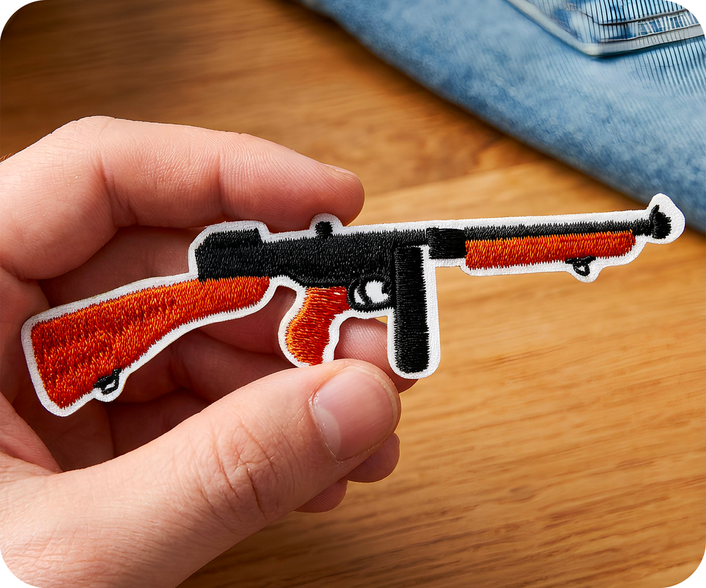Thompson Submachine Gun Iron On Patch (11 x 2.8cm)