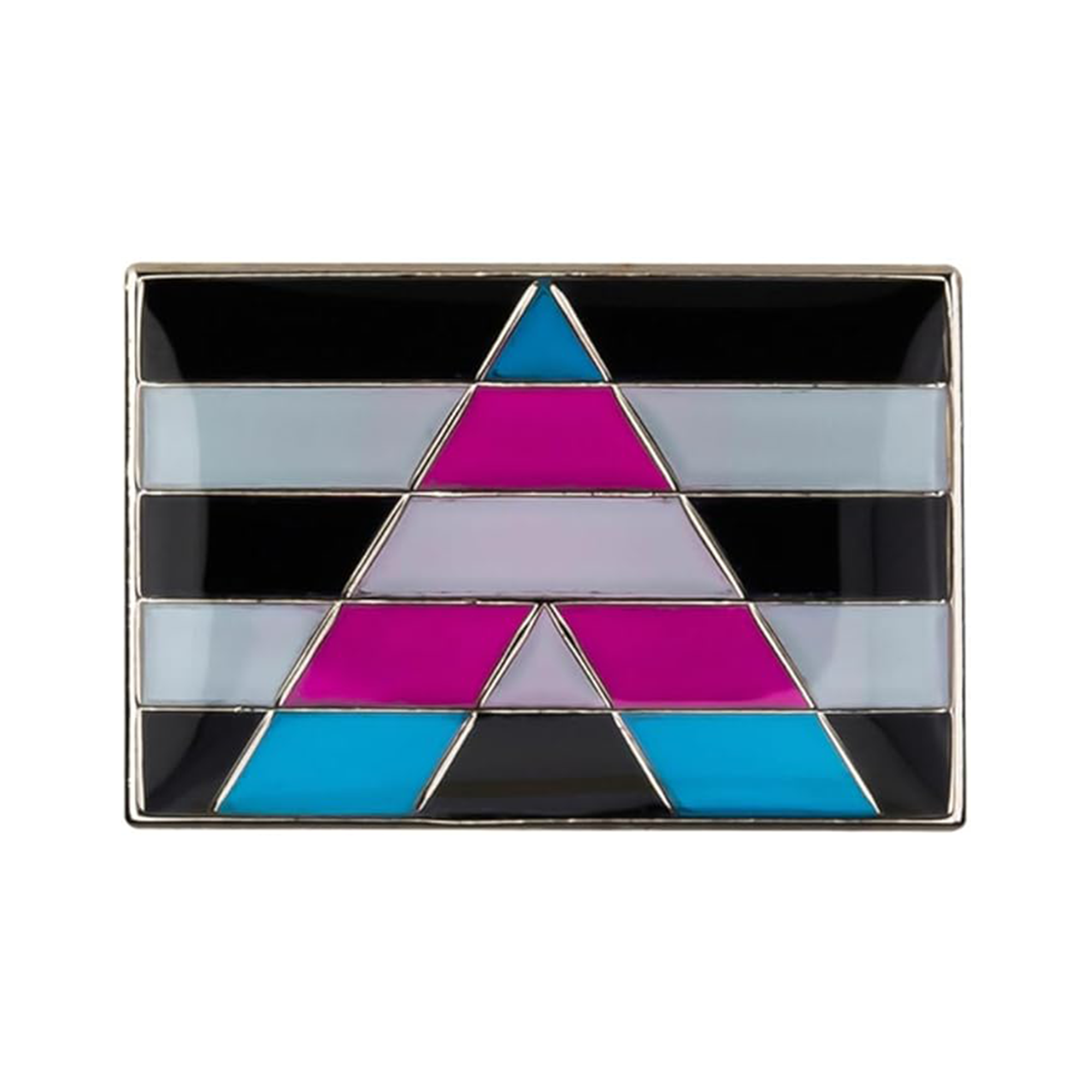 A rectangular pin badge featuring a geometric pattern with transgender flag colors: pink, blue, black, and teal, on a silver-colored background. Imagen principal del producto