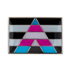 A rectangular pin badge featuring a geometric pattern with transgender flag colors: pink, blue, black, and teal, on a silver-colored background.