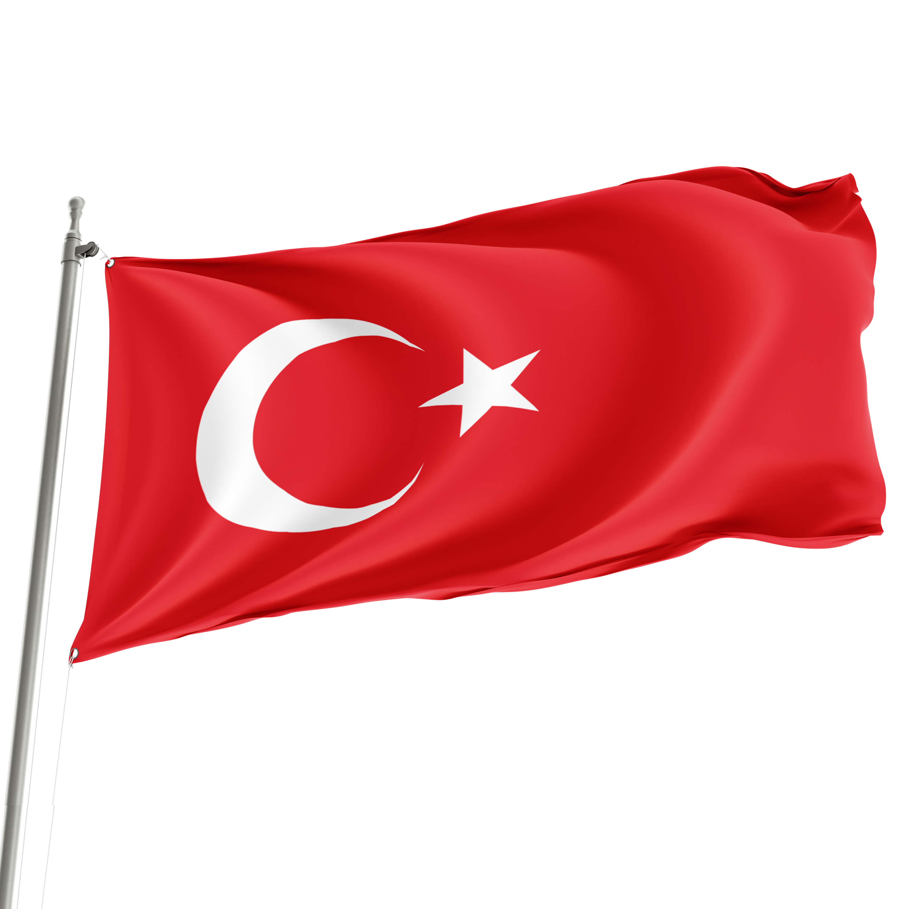 A 3' x 5' Turkey flag with a red background, a white crescent, and a star, flying on a flagpole. Imagen principal del producto