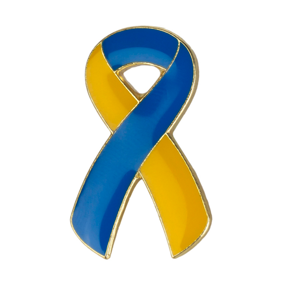 A pin badge featuring the colors of the Ukrainian flag, blue and yellow, with a metal butterfly clutch. © Tigoli® 2026 All Rights Reserved Panda Loco Ltd 