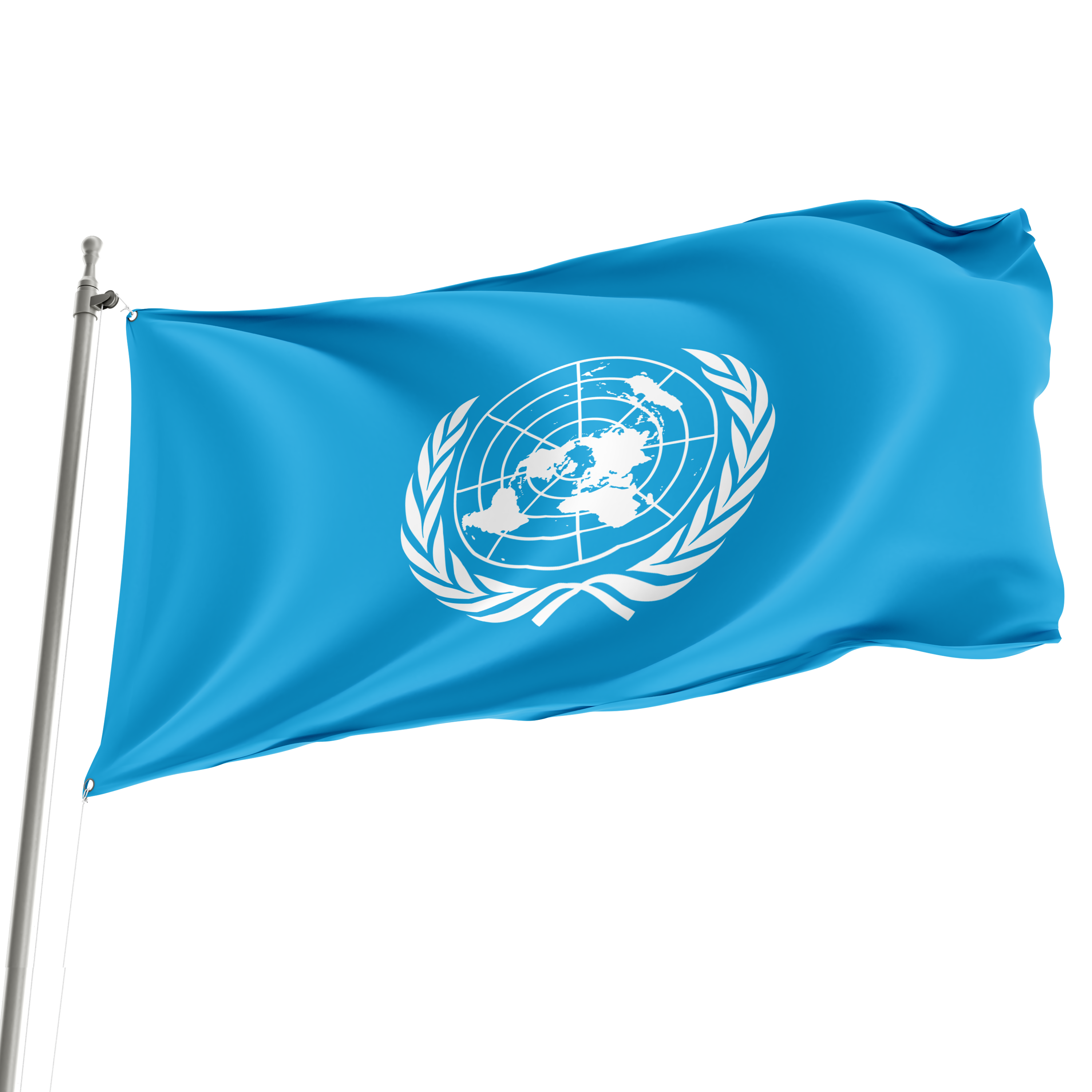 The flag of the United Nations, featuring a blue field with the UN emblem, is shown waving on a flagpole. Imagen principal del producto