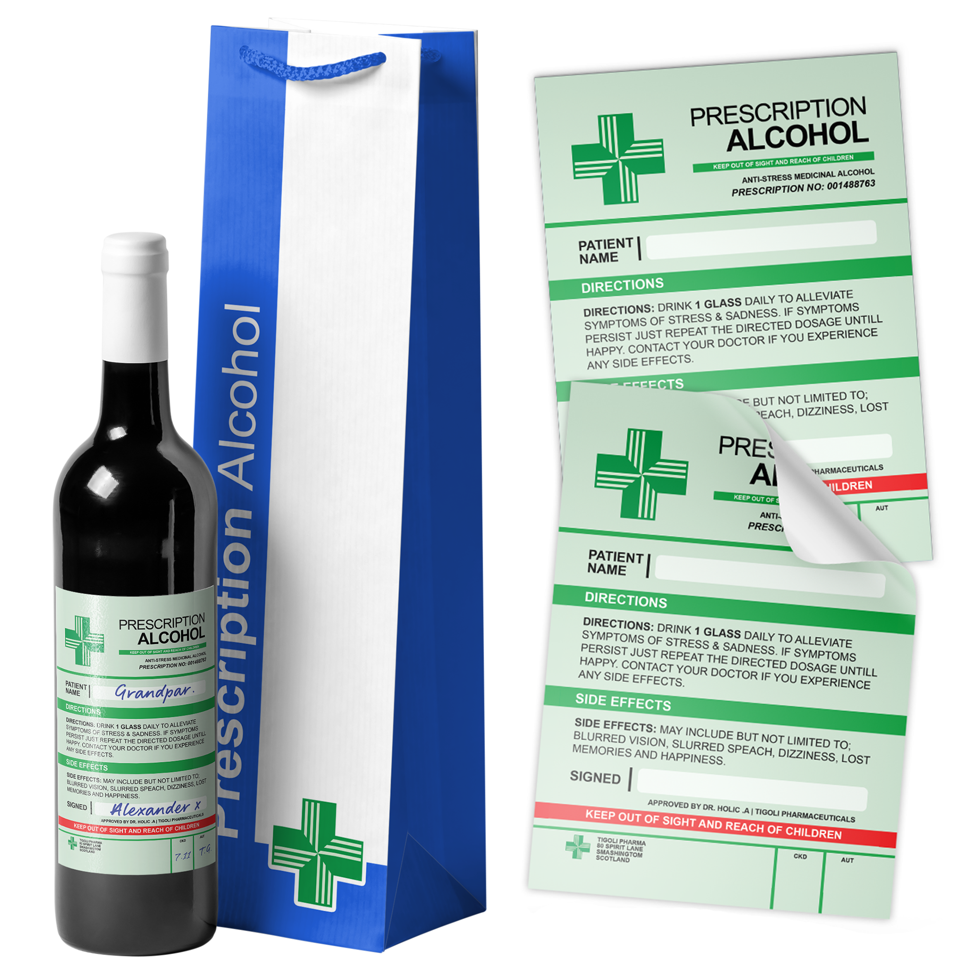 Bolsa para botellas de alcohol con receta + pegatinas